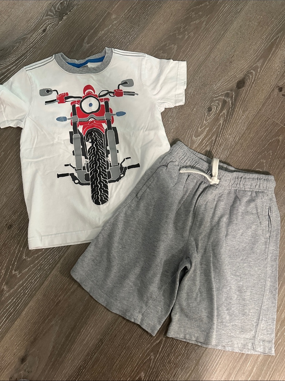 Gymboree White Tee with Red Motorcycle Graphic and Charcoal Shorts